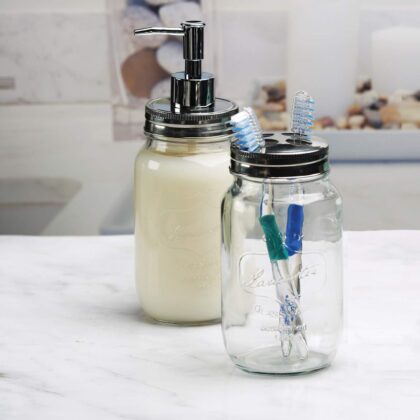 Circleware Lancaster Mason Jar Toothbrush Holder - 24 oz, Clear Glass with Metal Lid, Home and Bathroom Organizer (06896)